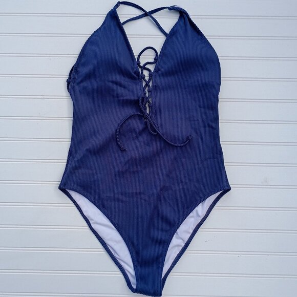 Cupshe Swimsuit Womens XL Navy Blue One Piece Ribbed Corset Ties Adjustable NWT - Picture 1 of 9